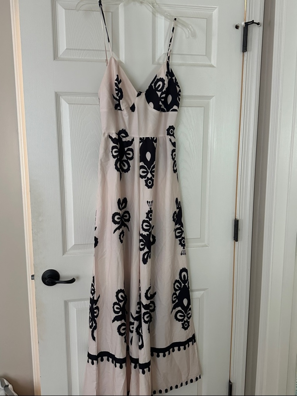 Spaghetti Strap Jumpsuit in Cream with Black Print